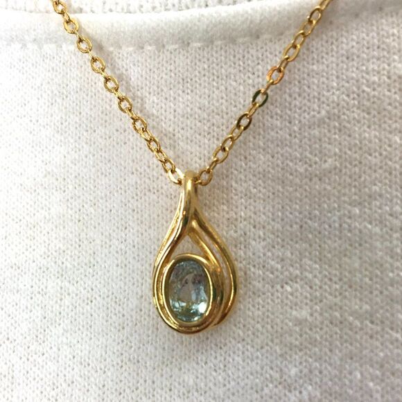 Gold Plated Faux Aquamarine Pendant 18in Trace Chain Necklace March Birthstone - Picture 6 of 13